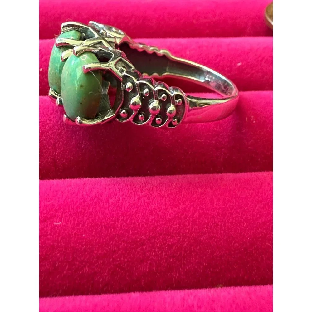 Unique Green Turquoise Three-Stone Women's Ring - Sterling Silver